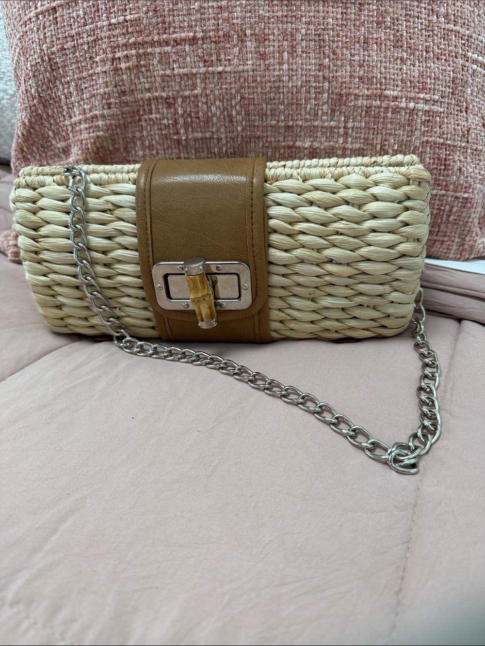 Woven Straw Clutch with Tan Leather Trim